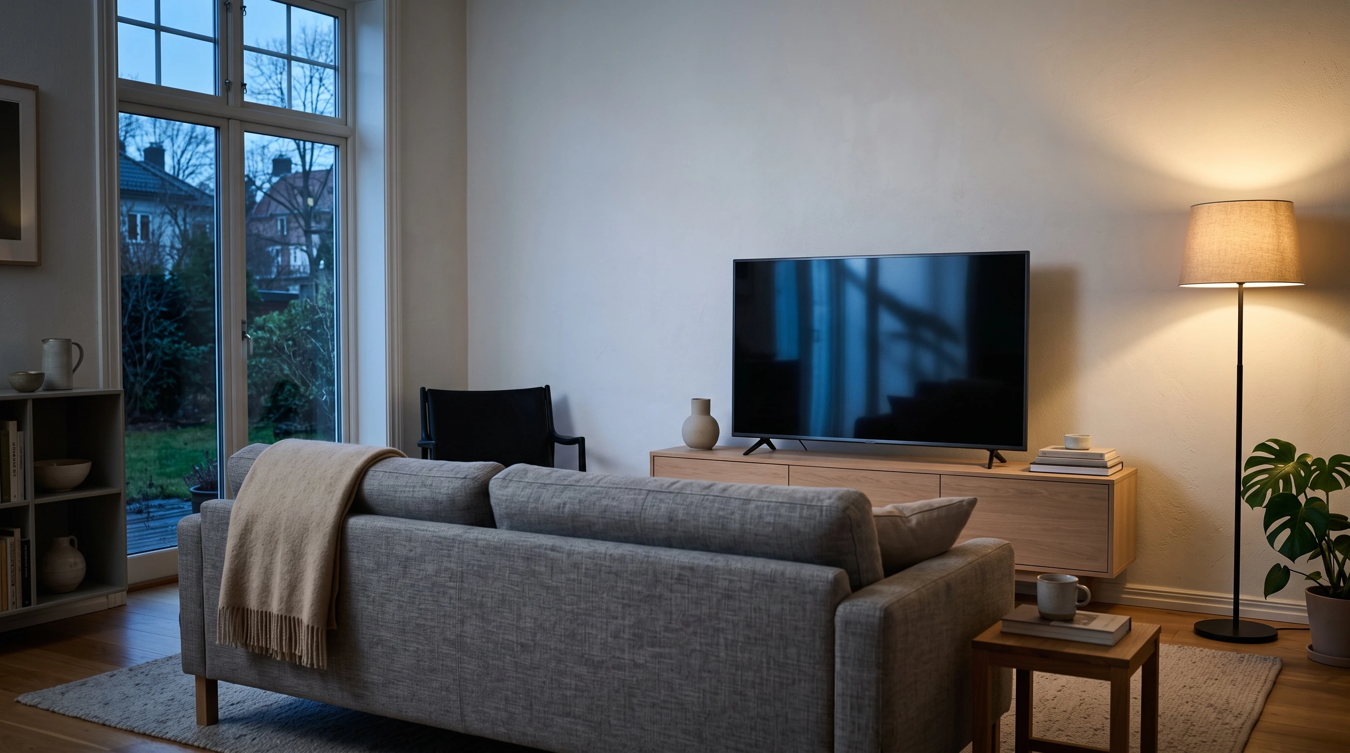 Ett svenskt vardagsrum med en 50-tums TV på en låg bänk och en soffa ett par meter bort
