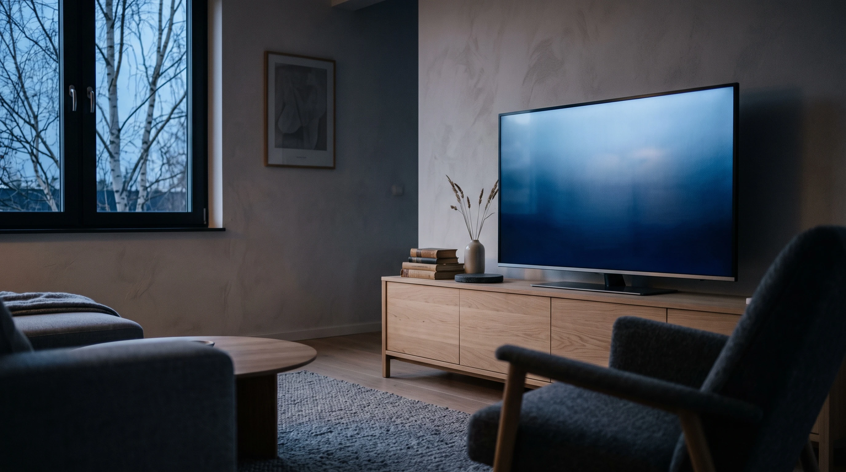 En stor 65-tums TV på en låg bänk i ett svenskt vardagsrum i kvällsljus