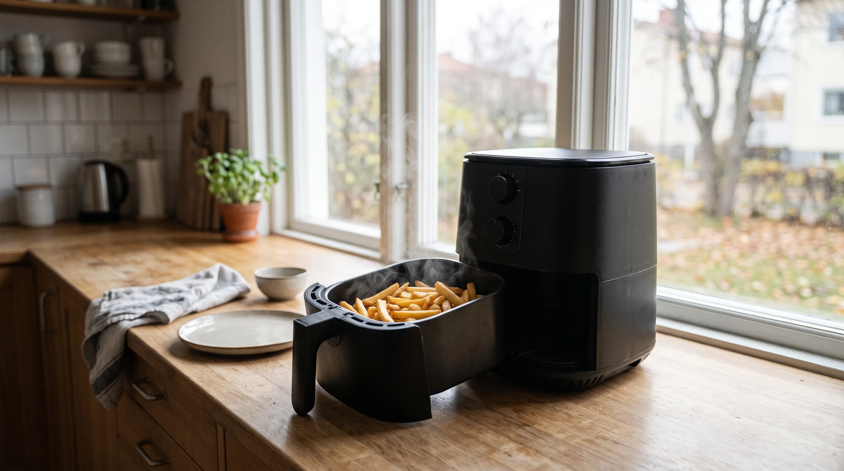 En airfryer på en köksbänk med lådan utdragen och nylagade pommes frites som ångar