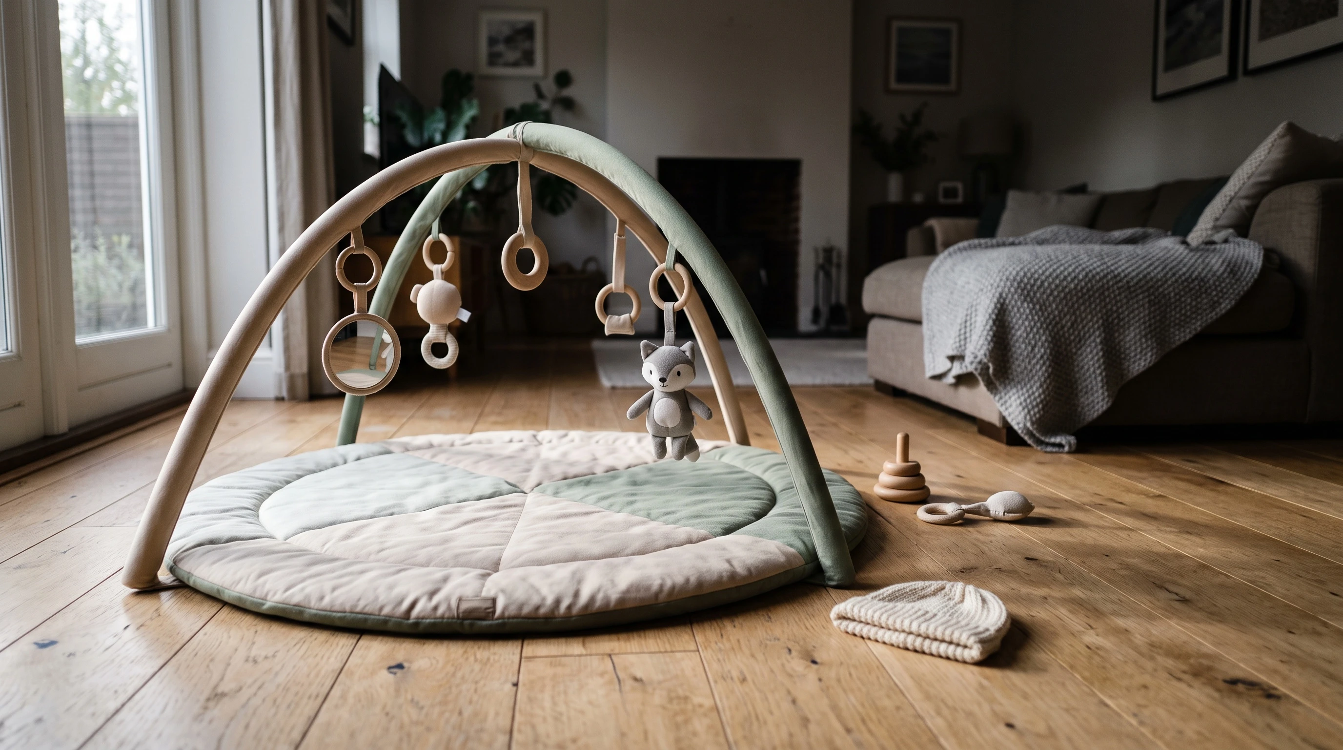 Ett babygym med lekbåge på ett trägolv i ett vardagsrum, med spegel, ringar och ett gosedjur hängande från bågen