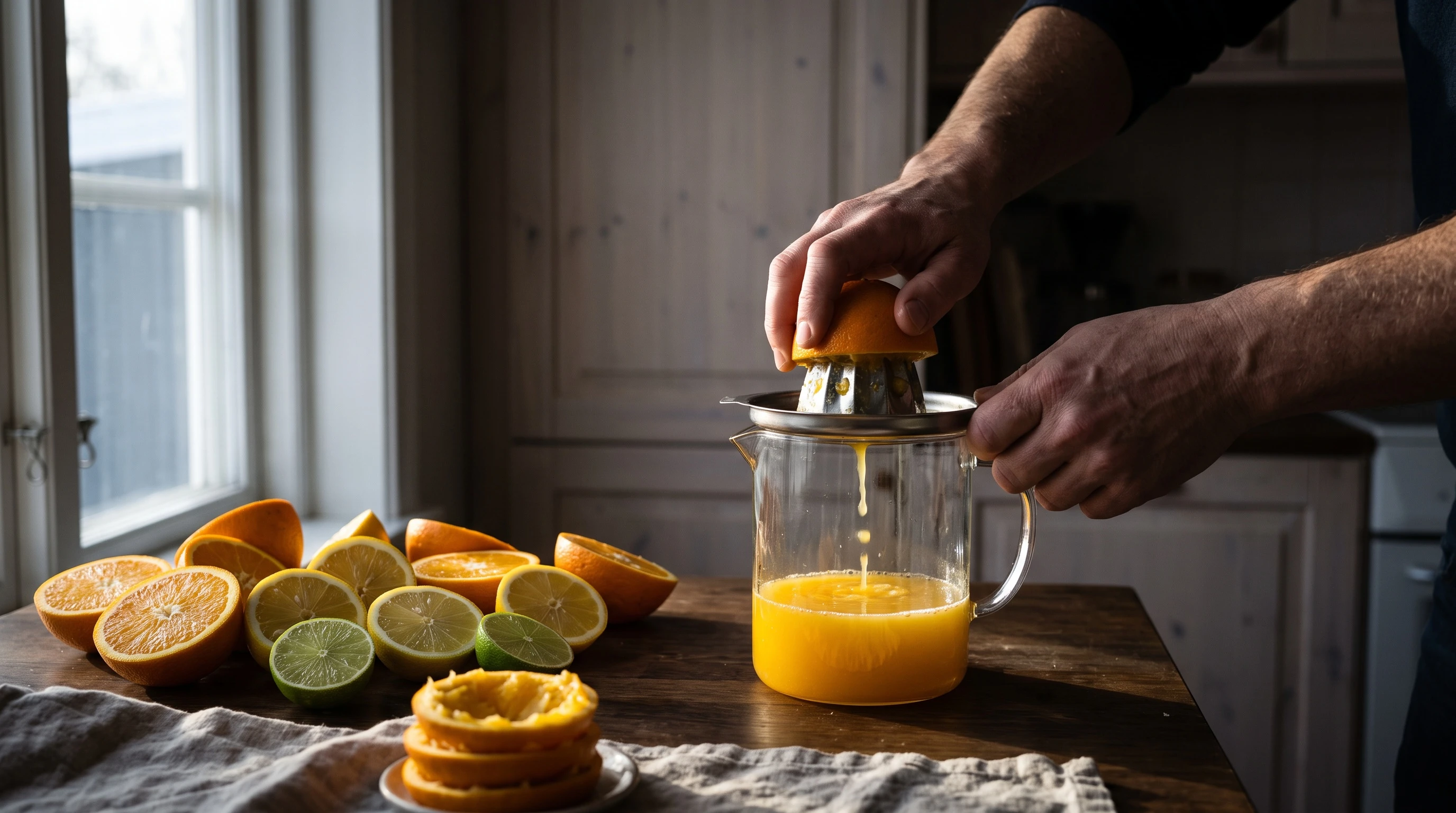 Händer pressar en apelsinhalva mot en citruspress över en glaskanna med saft, bredvid halverade apelsiner, citroner och lime