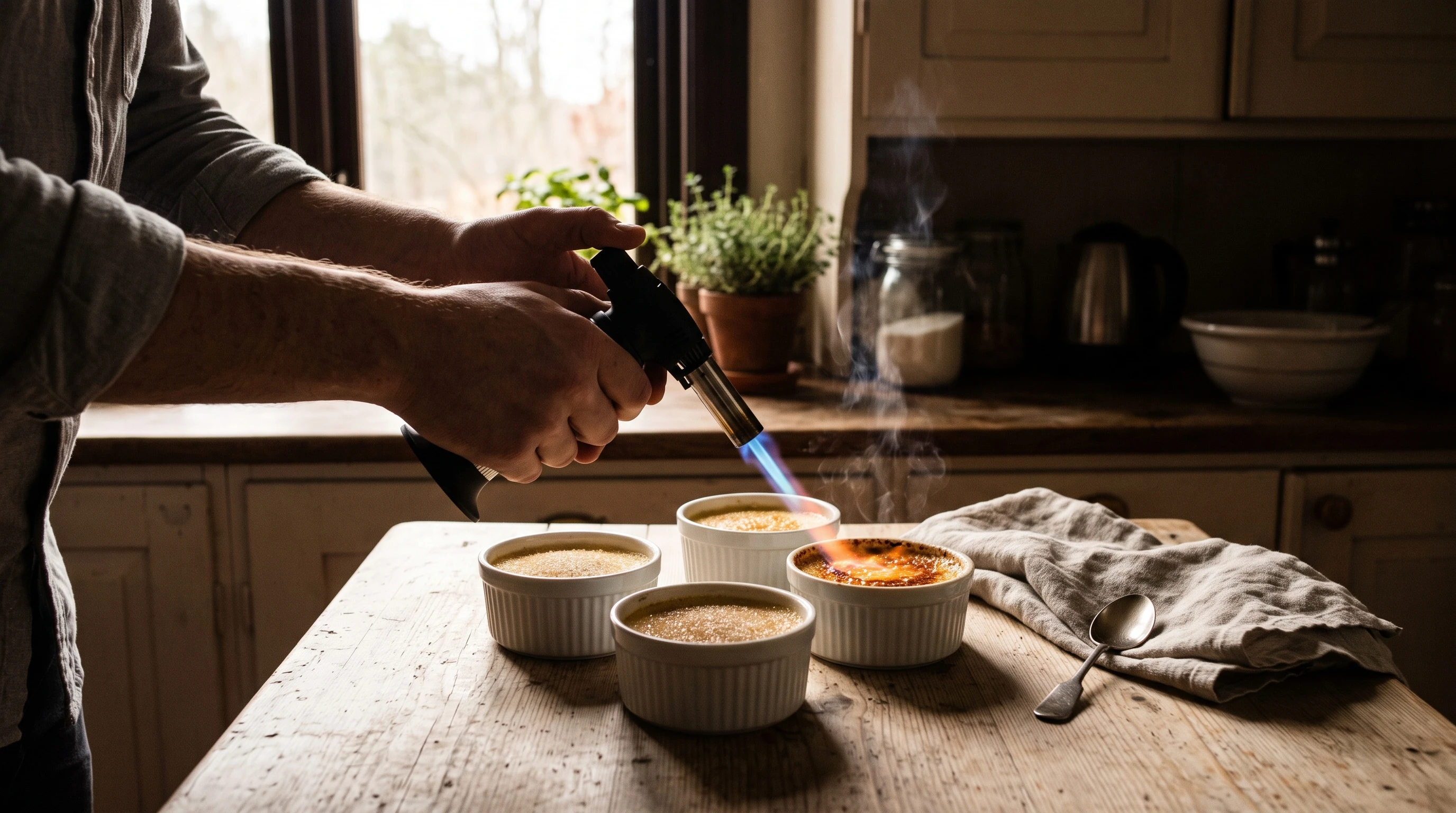 Två händer bränner sockret på portionsformar med crème brûlée med en gasbrännare vid ett köksfönster