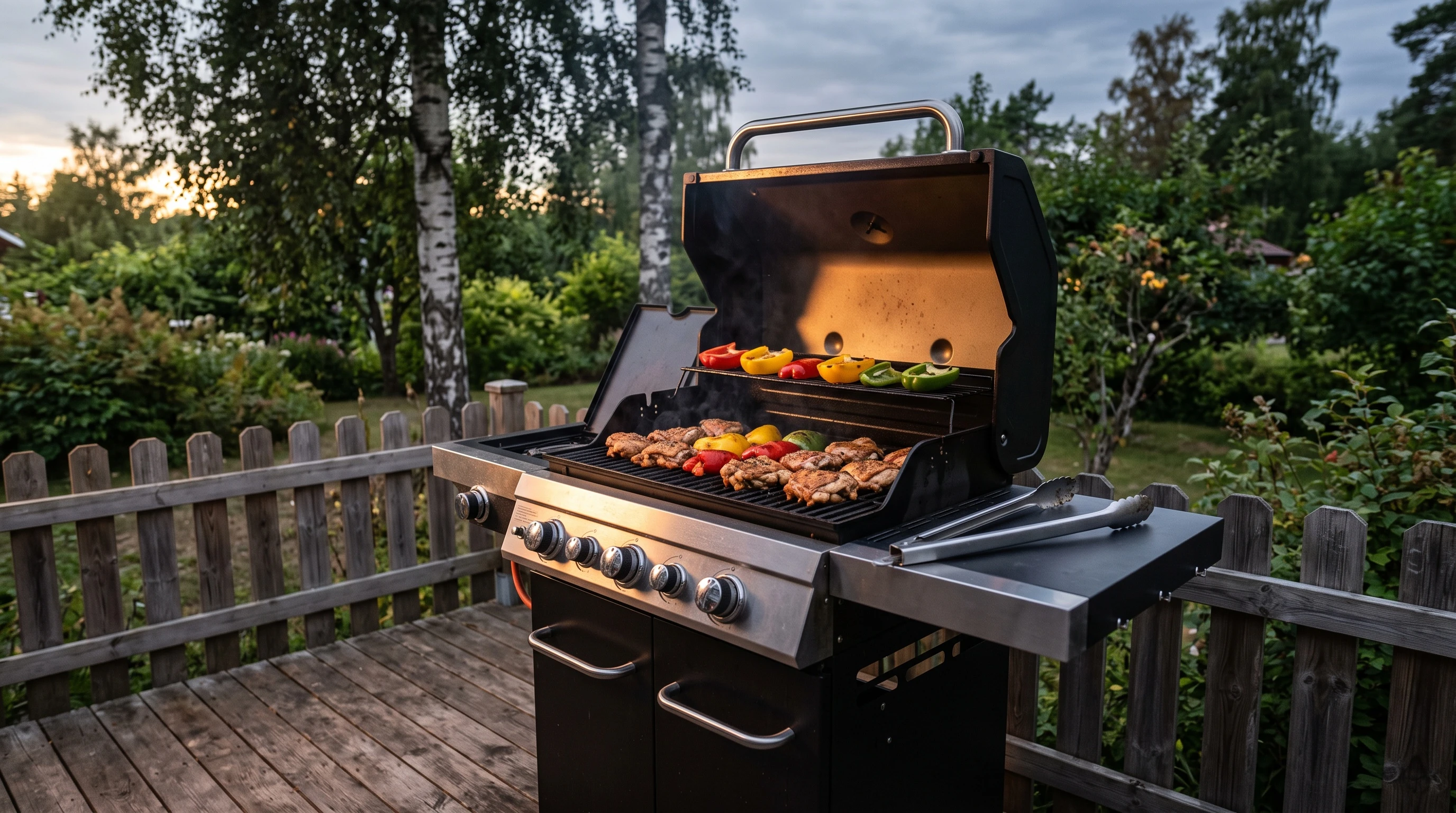 Gasolgrill med uppfällt lock på ett trädäck en sommarkväll, med kycklinglår och paprika på gallret