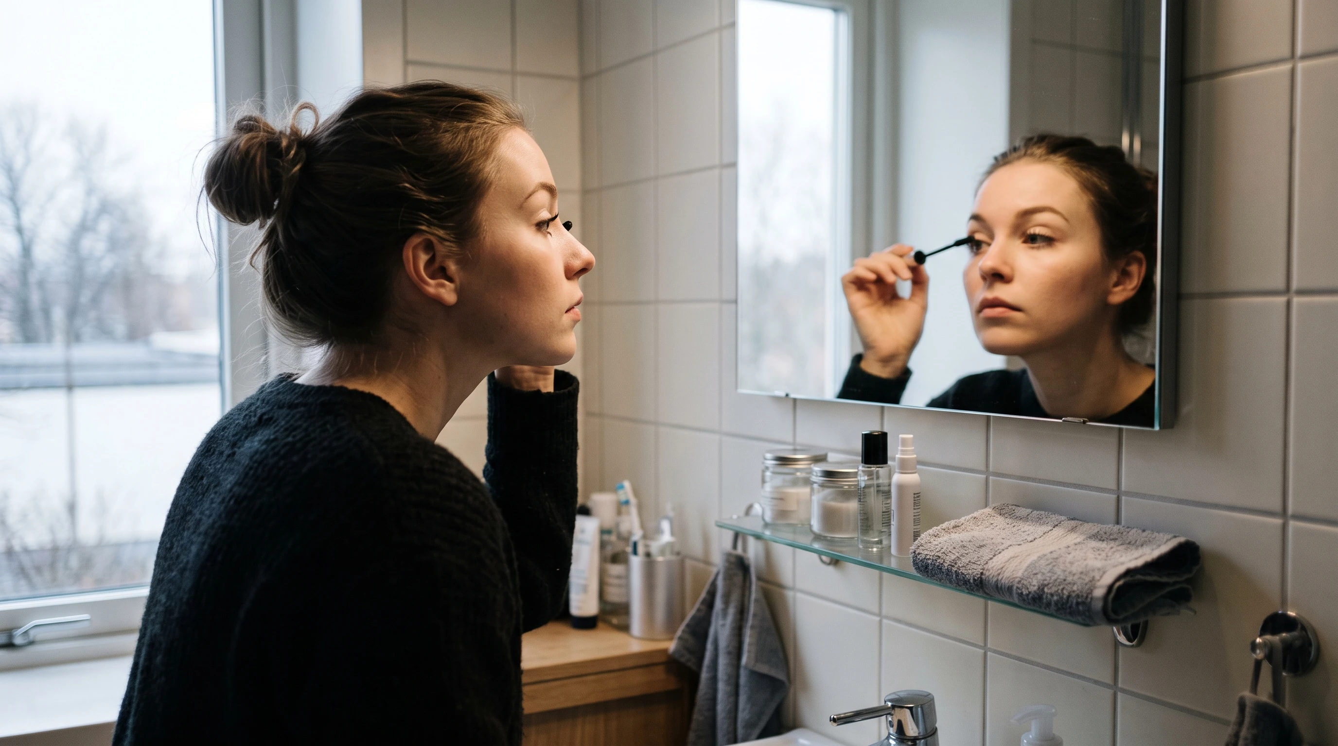 Kvinna i profil som applicerar mascara framför en badrumsspegel i morgonljus