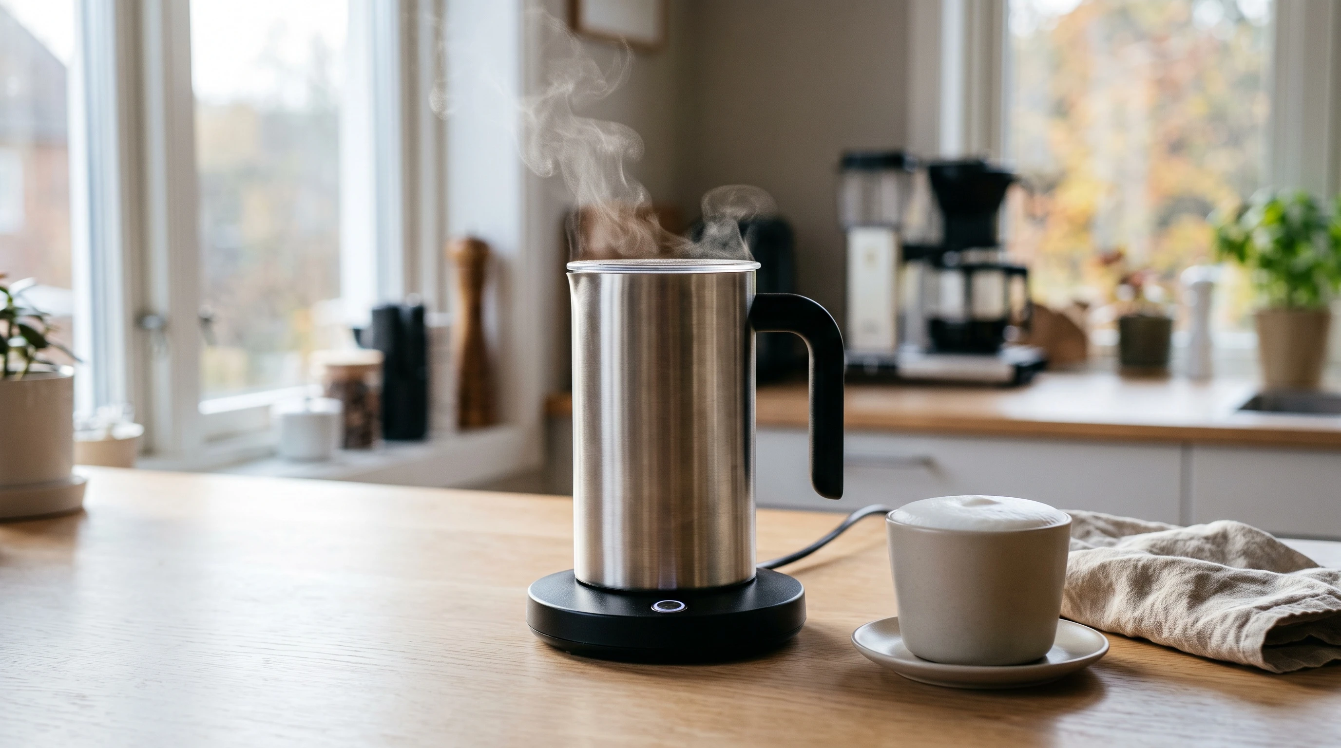 En elektrisk mjölkskummare står på sin bottenplatta på en köksbänk i morgonljus, med en nygjord cappuccino bredvid