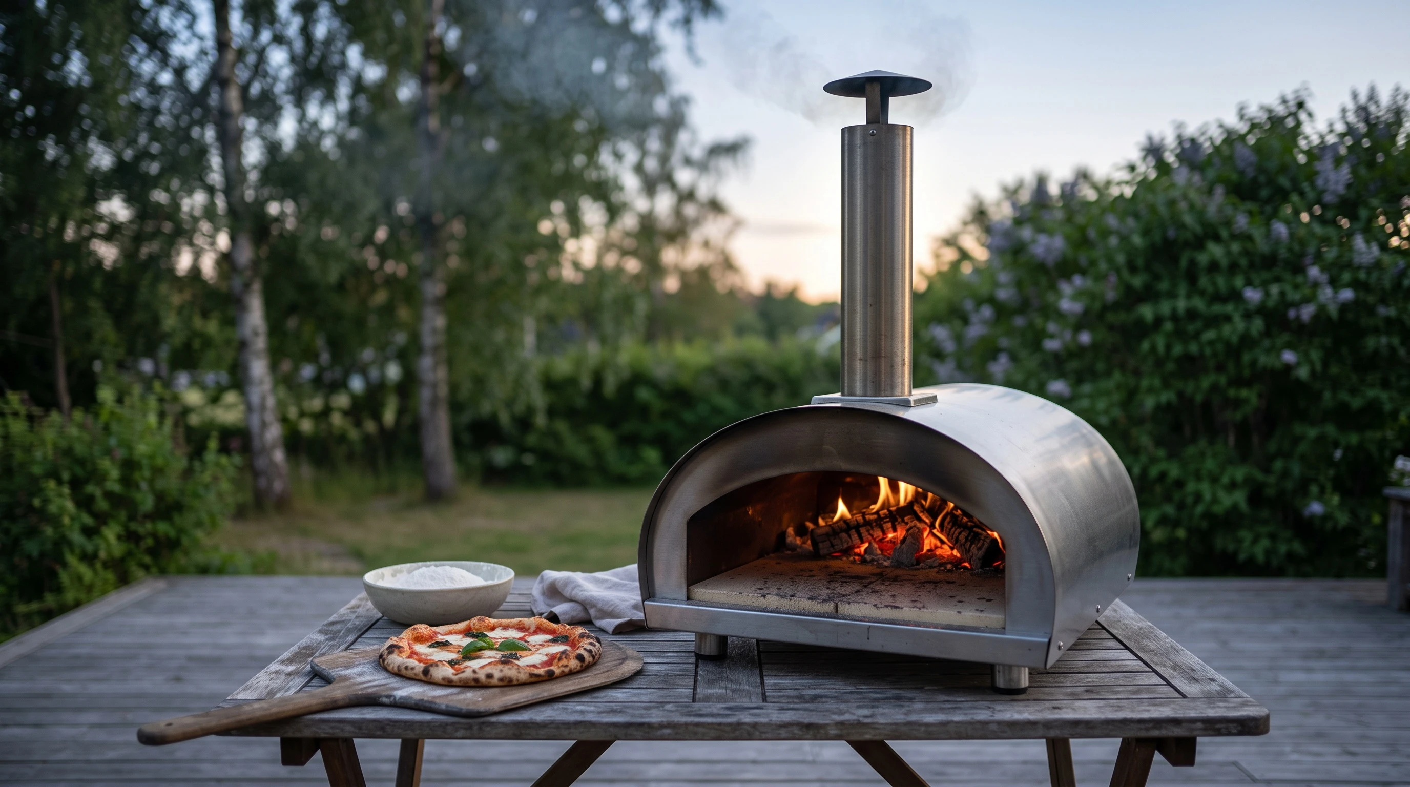En vedeldad pizzaugn med skorsten står på ett trädäck en sensommarkväll, med en nygräddad pizza på spaden bredvid