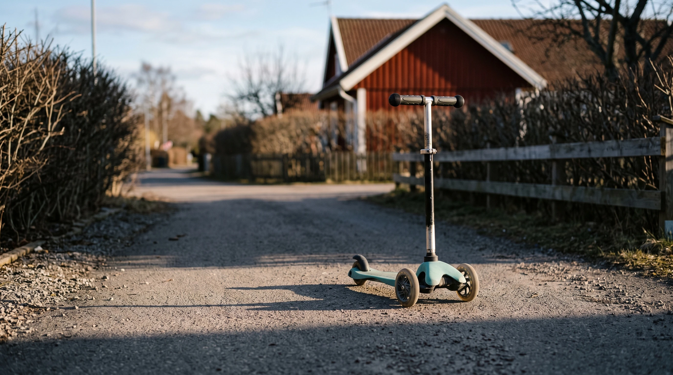 En trehjulig sparkcykel för barn står ensam på en grusväg i ett villaområde i lågt kvällsljus